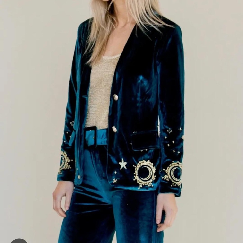 Lenni the Label Celestial Shadow Velvet Embellished Teal Blazer